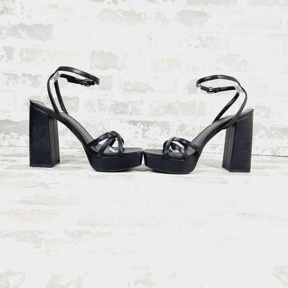 bp Tavey Black Strappy Leather Buckle Ankle Strap Block Heels W597 - Picture 7 of 14